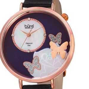 BURGI Rose Gold Butterfly Black Leather Strap NWOT